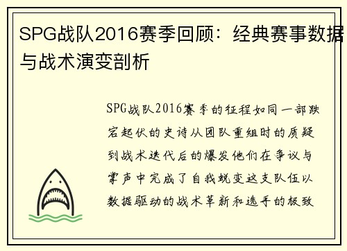 SPG战队2016赛季回顾：经典赛事数据与战术演变剖析